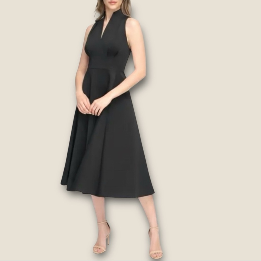 NWT Calvin Klein A-Line Halter Black Scuba Midi Stretch Dress Slimming - Picture 2 of 10